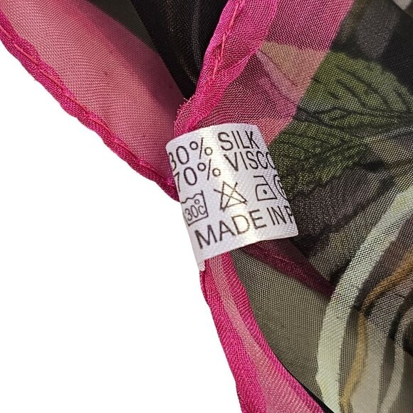 Large Silk Blend Rectangular Scarf Sheer Pink Yellow Floral on Black 42 X 76 - Picture 2 of 10